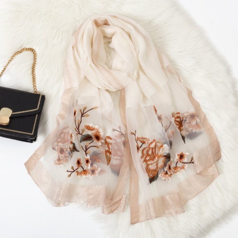 Embroidered Long Scarves Embroidered Faux Silk Peony Long Scarf and Shawl